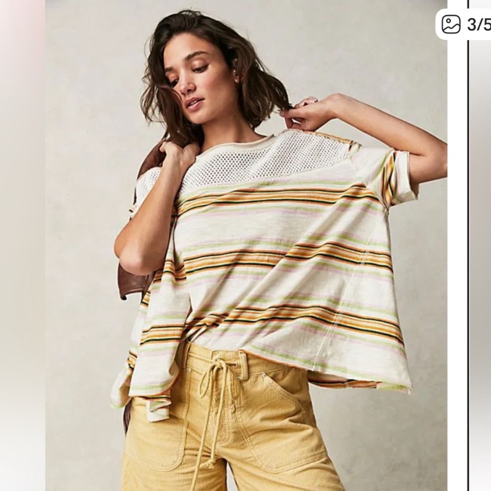 Free People Cream Striped Tee